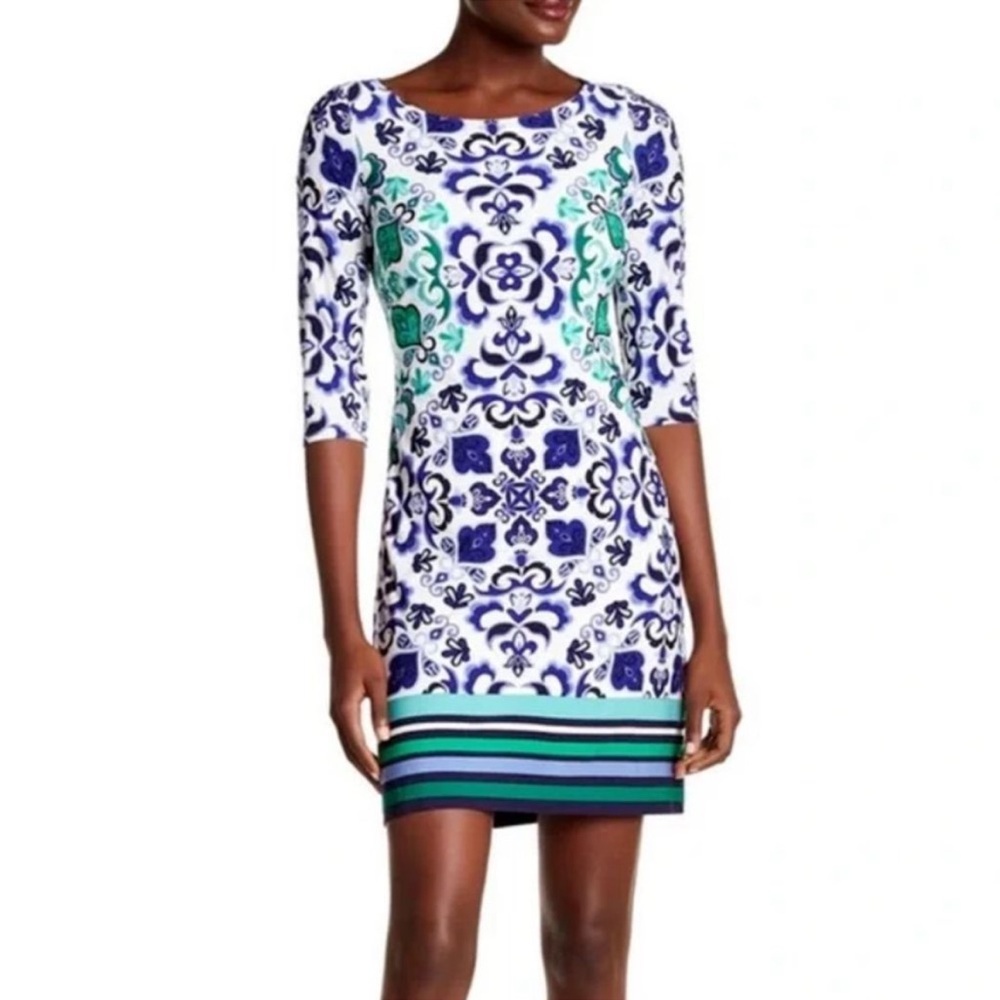 Vince Camuto 3/4 Sleeve White Blue Green Stretch Printed Shift Dress EUC sz 6